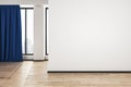 Blank white mock up wall in modern living room with wooden floor and blue curtain Royalty Free Stock Photo