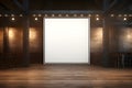 Blank white mockup concert advertisement framed and hanging in an empty music venue. AI Generated