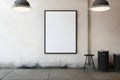 Blank white mockup concert advertisement framed and hanging in an empty music venue. AI Generated