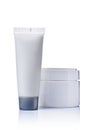 Blank white mockup plastic tube and jar of cosmetic products