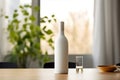 blank white mockup wine bottle positioned on a dining table. AI Generated Royalty Free Stock Photo