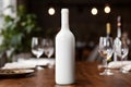 blank white mockup wine bottle positioned on a dining table. AI Generated Royalty Free Stock Photo