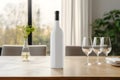 blank white mockup wine bottle positioned on a dining table. AI Generated Royalty Free Stock Photo