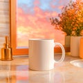 Blank White Mug Mockup Sunrise Background for Branding and Design Royalty Free Stock Photo