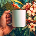 Blank White Mug Mockup Tropical Floral Background Royalty Free Stock Photo
