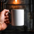 Blank White Mug Mockup Warm Drink Cozy Fireplace Background Royalty Free Stock Photo