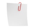 Blank white note paper and red paper clip isolated on white back Royalty Free Stock Photo