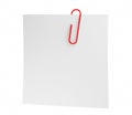 Blank white note paper and red paper clip isolated on white back Royalty Free Stock Photo