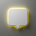Blank white notification speech bubble sign pin or chat bubble with yellow neon back light on dark white wall background