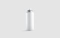 Blank white opened spray can mockup, front view, gray background