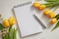 Blank white page with tulips and pen on table mockup Ai photo Royalty Free Stock Photo