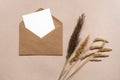 Blank white paper in a brown craft envelope and dry autumn grass. Brown paper background. Mock-up of invitation and greeting card Royalty Free Stock Photo