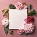 Blank white paper greeting card, invitation. Pink roses and peonies created with Generative AI Royalty Free Stock Photo