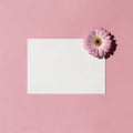 Blank white a5 paper mockup with gerbera flower isolated on a pink background. Flat lay, top view. Branding identity. Add your