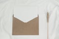 Blank white paper is placed on the open brown paper envelope with Barley dry flower on white cloth. Mock-up of horizontal blank Royalty Free Stock Photo