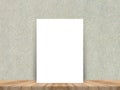 Blank white paper poster at tropical plank wooden floor and paper wall, Template mock up for adding your content,leave side space Royalty Free Stock Photo