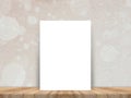 Blank white paper poster at tropical plank wooden floor and paper wall, Template mock up for adding your content,leave side space Royalty Free Stock Photo