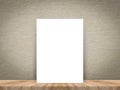 Blank white paper poster at tropical plank wooden floor and paper wall, Template mock up for adding your content,leave side space Royalty Free Stock Photo