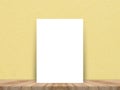 Blank white paper poster at tropical plank wooden floor and paper wall, Template mock up for adding your content,leave side space Royalty Free Stock Photo