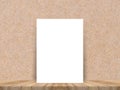 Blank white paper poster at tropical plank wooden floor and paper wall, Template mock up for adding your content. Royalty Free Stock Photo