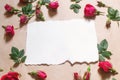 Blank white paper, red buds flowers and rose petals Royalty Free Stock Photo