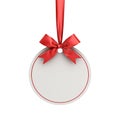 Blank white paper round christmas ball frame tag label card template hanging with shiny red ribbon and bow isolated on white Royalty Free Stock Photo