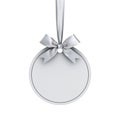Blank white paper round christmas ball frame tag label card template hanging with shiny silver ribbon and bow isolated on white Royalty Free Stock Photo
