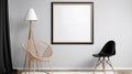 A blank white photo frame mockup with a lamp and two wooden chairs, A minimal simple tone of photo frame look woden and