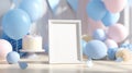 Blank white photo frame on table with pastel blue and pink balloons and cake in soft light Royalty Free Stock Photo