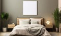 Blank white photo poster frame with black edge in modern luxury beige brown bedroom wood head board bed gray blanket pillow Royalty Free Stock Photo