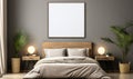 Blank white photo poster frame with black edge in modern luxury beige brown bedroom wood head board bed gray blanket pillow Royalty Free Stock Photo