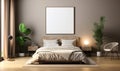 Blank white photo poster frame with black edge in modern luxury beige brown bedroom wood head board bed gray blanket pillow Royalty Free Stock Photo