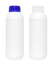 Blank white plastic bottles with white and blue caps on white background - bottle 1 liter and 500 milliliters with blue cap - bot Royalty Free Stock Photo