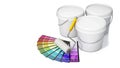 Blank white plastic paint buckets, paint roller and color guide isolated on white background. 3D illustration