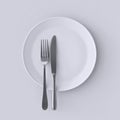 Blank white plate with fork and knife, top view isolated. Clear dish with cutlery design. Empty