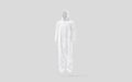 Blank white plush jumpsuit with hood mockup, gray background