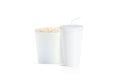 Blank white popcorn bucket with cup with straw mockup