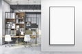 Blank white poster in black frame with place for your text on light wall in modern loft interior design office with stylish Royalty Free Stock Photo