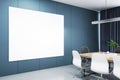 Blank white poster on a wall in a modern meeting room with wooden office desk and chairs, mockup. 3D Rendering Royalty Free Stock Photo