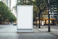 Blank white poster on city street. Mock up, 3D Rendering, Vertical blank white billboard at a bus stop on a city street, AI Royalty Free Stock Photo