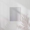 Blank white poster frame mock up on white wall with palm leaf shadow, 3d illustration Royalty Free Stock Photo