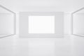 Blank white poster on grey wall in empty gallery hall with glossy floor. 3D rendering, mockup Royalty Free Stock Photo