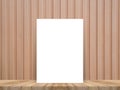 Blank white poster leaning at tropical wood table top with plank wood wall,Mock up background. Royalty Free Stock Photo