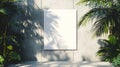 Blank White Poster Mockup on Concrete Wall with Tropical Plants Royalty Free Stock Photo