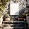 Blank White Poster Mockup on Textured Stone Wall with Potted Plants Royalty Free Stock Photo