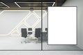 Blank white poster on futuristic meeting room background, mockup. 3D Rendering