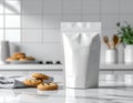Blank White Pouch Bag with Chocolate Chip Cookies on Kitchen Countertop Royalty Free Stock Photo