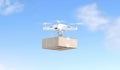 Blank white quadrocopter on sky background with box mock up