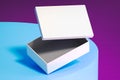Blank white realistic cardboard box isolated on multicolored background. 3d rendering. Royalty Free Stock Photo