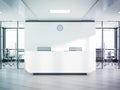 Blank white reception desk in concrete office with large windows Mockup 3D rendering